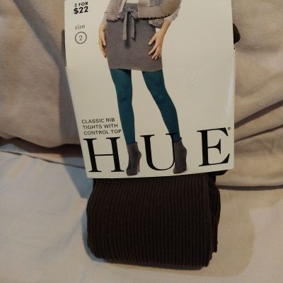 HUE Classic Rib Tights With Control Top Expresso 1 Pair Size 2 Brand New