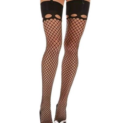 New MeMoi Black Fishnet Thigh High Stockings Hose Cutout Hide & Seek L/XL NIB