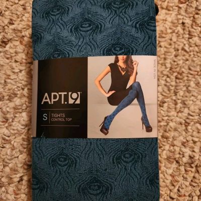 NWT Apt 9 Teal Fashion Tights Peacock Feather Print Control Top Size Small