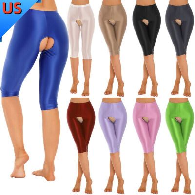 US Women Shiny Tights Shorts Active Workout Yoga Pant Running Knee Length Shorts