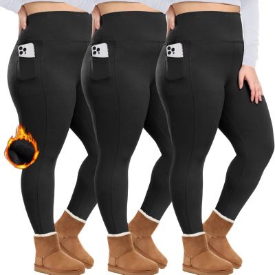 1/3 Pack plus Size Fleece Lined Leggings with Pockets for Women - Black Thermal
