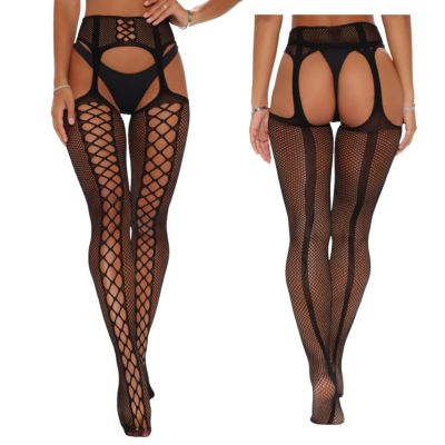 Leg Avenue Faux Lace Up Dual Net Backseam Stockings with Attached Garter 1776