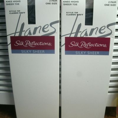 2 Boxes NEW Hanes Silk Reflections Knee Highs SHEER Toe 2-Pack 725 Classic Navy