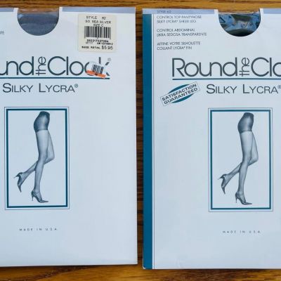 2 Round the Clock Control Top Size C Sheer Leg Silky Lycra Navy Silver Pantyhose