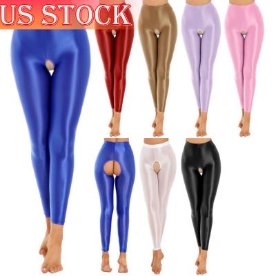 US Women Hollowing Out Glossy Tummy Control Pants High Waist Workout Leggings