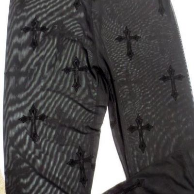 Dolls Kill Widow Black Sheer Mesh Leggings w/ Velvet Crosses size L