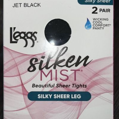 L'eggs Silken Mist 2 Pair Women's Tights Hose Jet Black Control Top Cool ~ Q