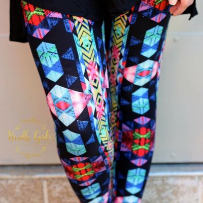 Legging Black with Multi Color Geometric Patterns Womens Size S-L (2-12)