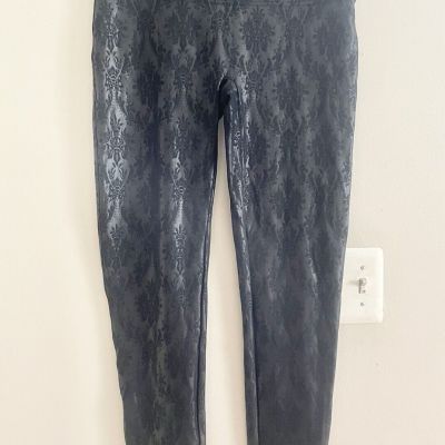 SPANX Faux Leather Shiny LEGGINGS-#20261R-Black Brocade-Size XL-Rare Pattern