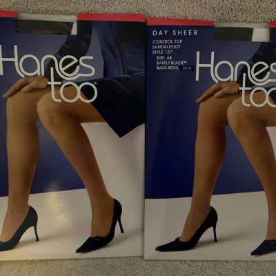 2 Pair Hanes Too Day Sheer Pantyhose Control Top Sandal Foot Barely Black Sz AB