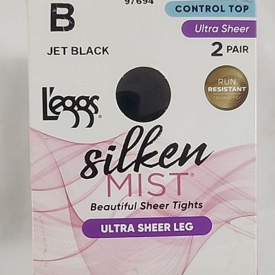 L'eggs Silken Mist Control Top Sheer Tights 2 Pair Size B Jet Black #97694