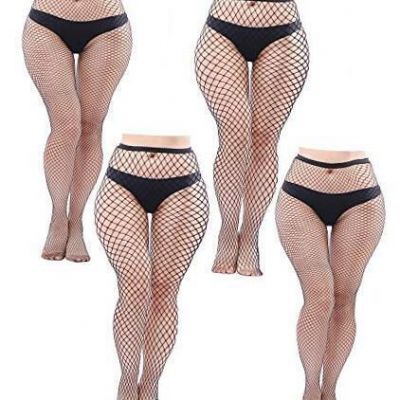 4 Pairs Fishnet Cross Mesh Tights with Plus Size Sexy X-Large-XXXX-Large Black