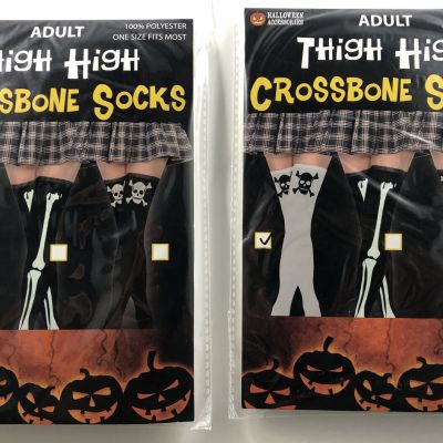 Lot of 2 Adult Thigh High Crossbone Socks - White with Black Skull & Crossbones