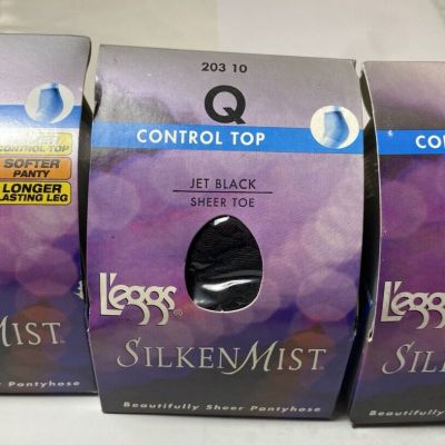 LOT OF 3 Leggs Pantyhose Silken Mist Size Q Control Top Black Mist- Jet Black