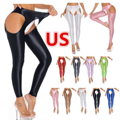 US Women Crotchless Pantyhose Shiny Oil Glossy Tights High Waist Footless Pants