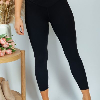 White Birch Black Workout Gym Leggings Overlapped Waist Cropped Length Stretchy