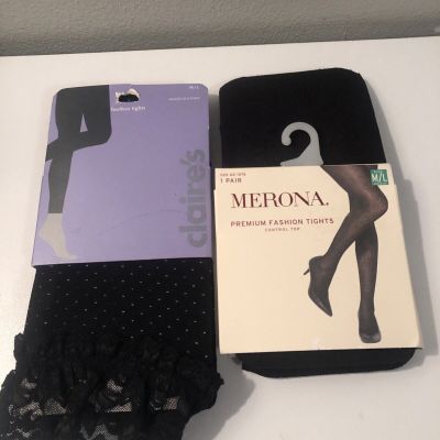 Women Tights M/L (2 Pairs) Merona Control Top Black &Claire’s Footless