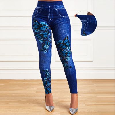 Women Butterfly Print Leggings Denim Look Stretchy Skinny Yoga Fitness Trousers