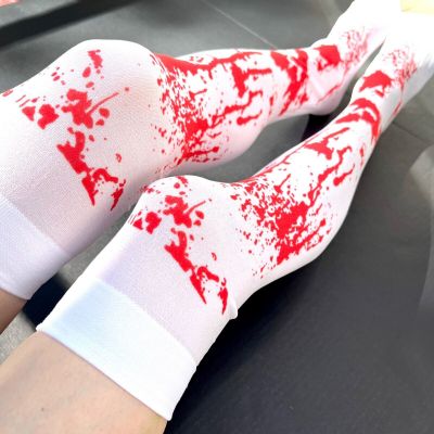 Bloody Thigh Highs Socks White Red Zombie Costume Halloween Stockings Over Knee