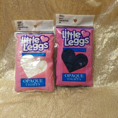 2 Vtg 90s Little Leggs Opaque Tights Girls Accessories Size Sm White, Navy Blue