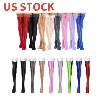 US Womens Glossy Thigh High Stockings  Anti-skid Silicone Floral Lace Trim Socks