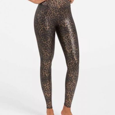 Spanx Faux Leather Leopard Shine  Leggings Bodycon Shaping Black/Brown Sz. Small