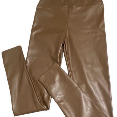 Women’s Brown Faux Leather Leggings Hi-Rise Shapewear Shiny Sz Small