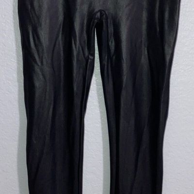 Spanx Black Faux Leather High Waist Black Leggings Tummy Control Sz LG