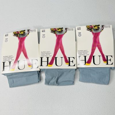 HUE Super Soft Dusty Blue Lightweight Control Top Tights Womens 3 Pair Size 1