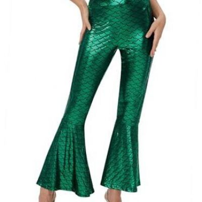 Women's Halloween Mermaid Flared Shiny Leggings Pants Medium Green