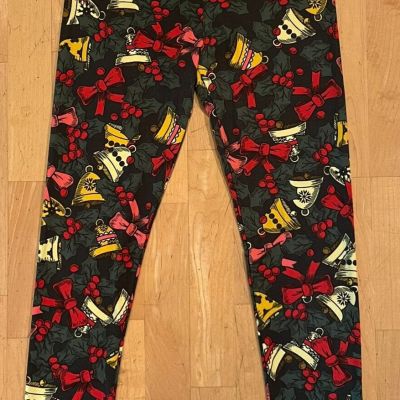 LuLaRoe Leggings Christmas Holly Bells Bows Print Bottoms Comfy Pants ONE SIZE