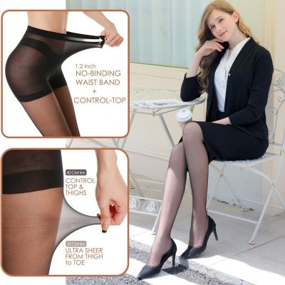 3 Pairs Women's Sheer Tights - 20D Control Top Pantyhose with Reinforced Toes