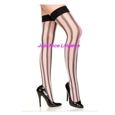 4946 Music Leg - Black White Vertical Stripes Thigh High Stockings - One Size