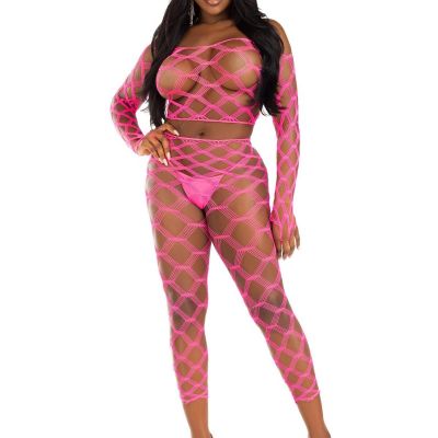 Leg Avenue Net Crop Top and Footless Tights - One Size - Neon Pink