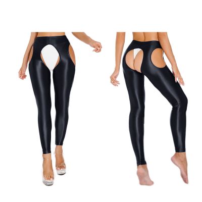 US Women Oil Glossy Crotchless Pantyhose High Waist Stockings Yoga Tights  Pants