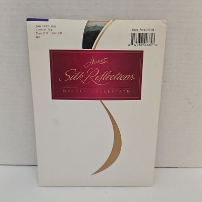 VTG Hanes Silk Reflections Tailored Rib Control Top Pantyhose Jet Opaque Sz CD