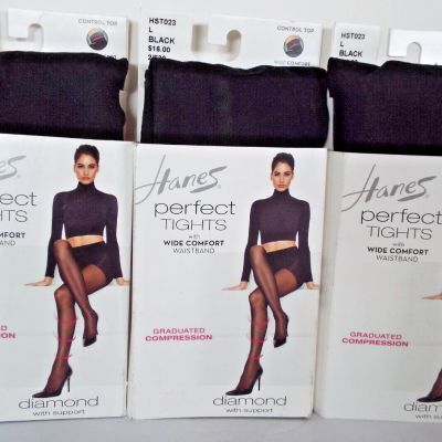 3 Hanes perfect tights, diamond design, graduated compression, black, size: L