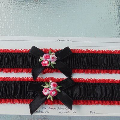 2 Elastic  Black  Ribbon Leg Garters with Red Lace and Flowers Fun New  1 Size