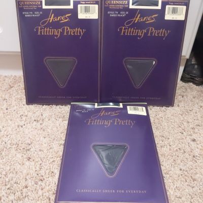 3 HANES Size 2X Fitting Pretty Queen SZ Control Top Pantyhose BLACK-BARELY BLACK