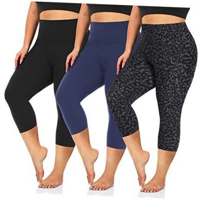 3 Pack Plus Size Capri Leggings for X-Large 3pack Black/Navy/Leopard Print