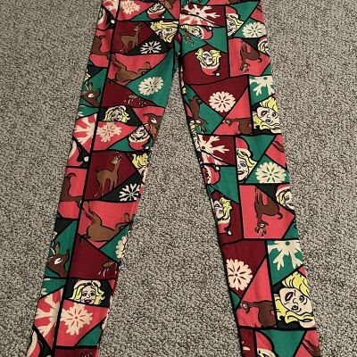 LuLaRoe Leggings One Size Christmas Santa Hat Reindeer Snowflake Reds and Green