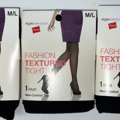 NIP Lot 3 Hanes Stylessentials Fashion Textured Tights Black Diamond Dot M / L