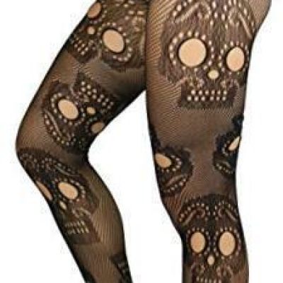 Women's Festive Large Sugar Skull Fishnet Pantyhose Tights One Size Black