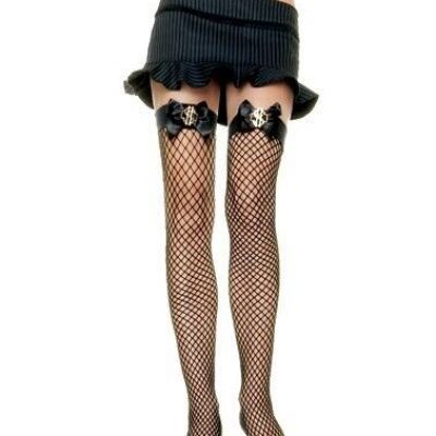 Leg Avenue 9055 Women's Black Thigh High Dollar Bow Industrial Net Leg Stockings