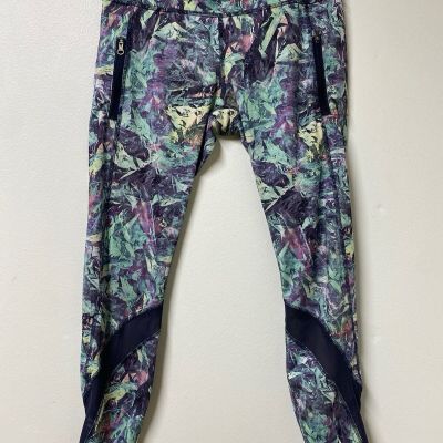 LULULEMON purple green yellow pattern stretch mesh  leggings yoga  pants sz 8