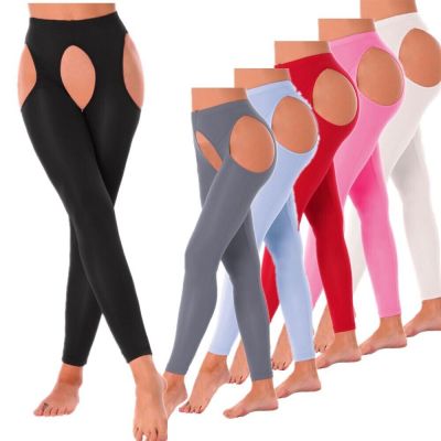 Women High Waisted Gym Leggings Hollow Out Crotchless Workout Yoga Skinny Pants