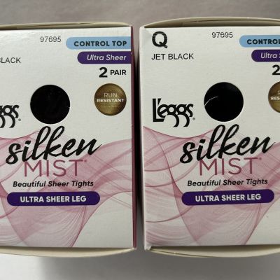 LEGGS Silken Mist Ultra Sheer Leg Tights 4 Pair Control Top Sz Q Jet Black (E7)