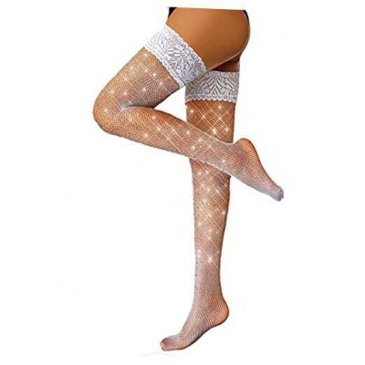 Women's Thigh High Stockings Rhinestone Fishnet One Size White/Lace Top