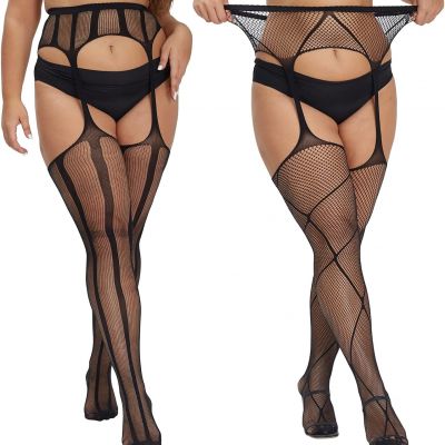 MANZI plus Size Stockings Thigh High Fishnet Stockings Suspender Patterned Tight