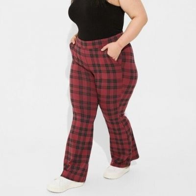 Torrid-Leggings 0X (L) Red Plaid Full Length Flare Pockets Pants Plus Size New